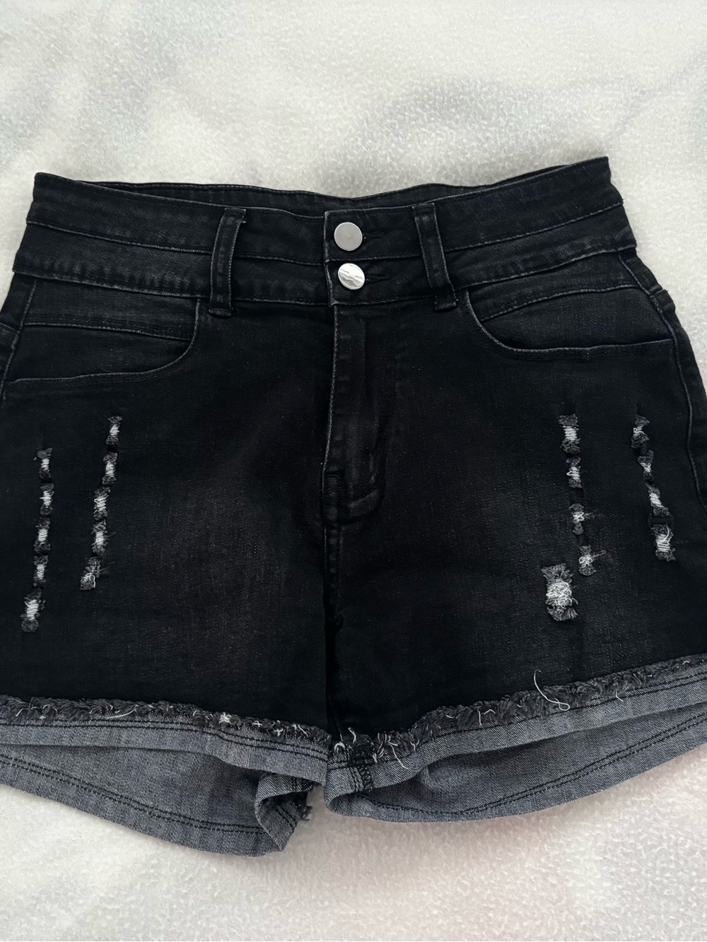 Distressed Black Denim Shorts